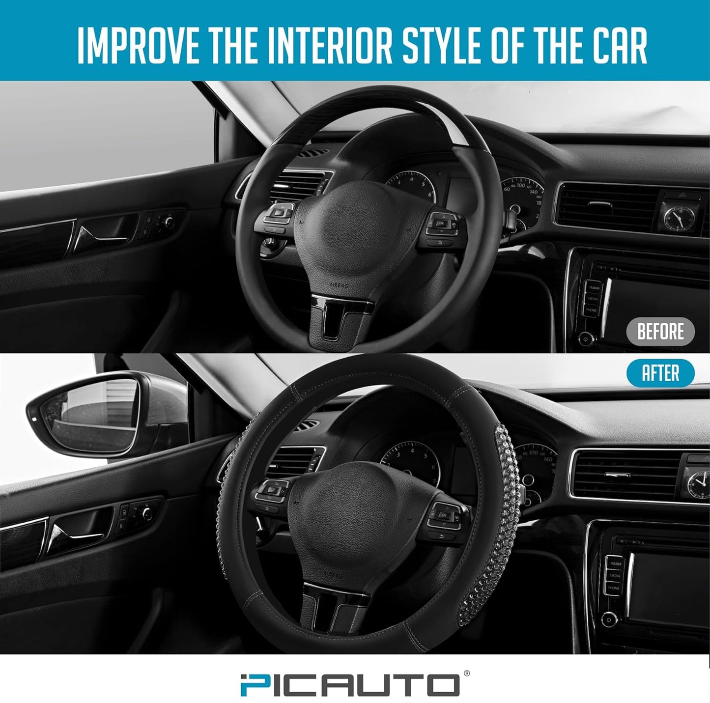 PIC AUTO Gel Particles Steering Wheel Cover, Black Luxury Leather Car Steering Wheel Protector, Universal Fit 14.5"-15.5" Anti-Slip Car Interior Accessories for Girls & Women