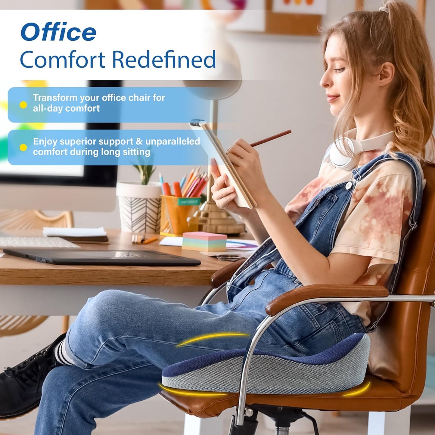 Car Seat Cushion, Ergonomic Memory Foam Car Cushion for Sciatica Pain Relief, Larger Driving Seat Pillow for Short Drivers on Long Drives - Butt Pillow for Truck, Office, Wheelchair - Blue&Gray