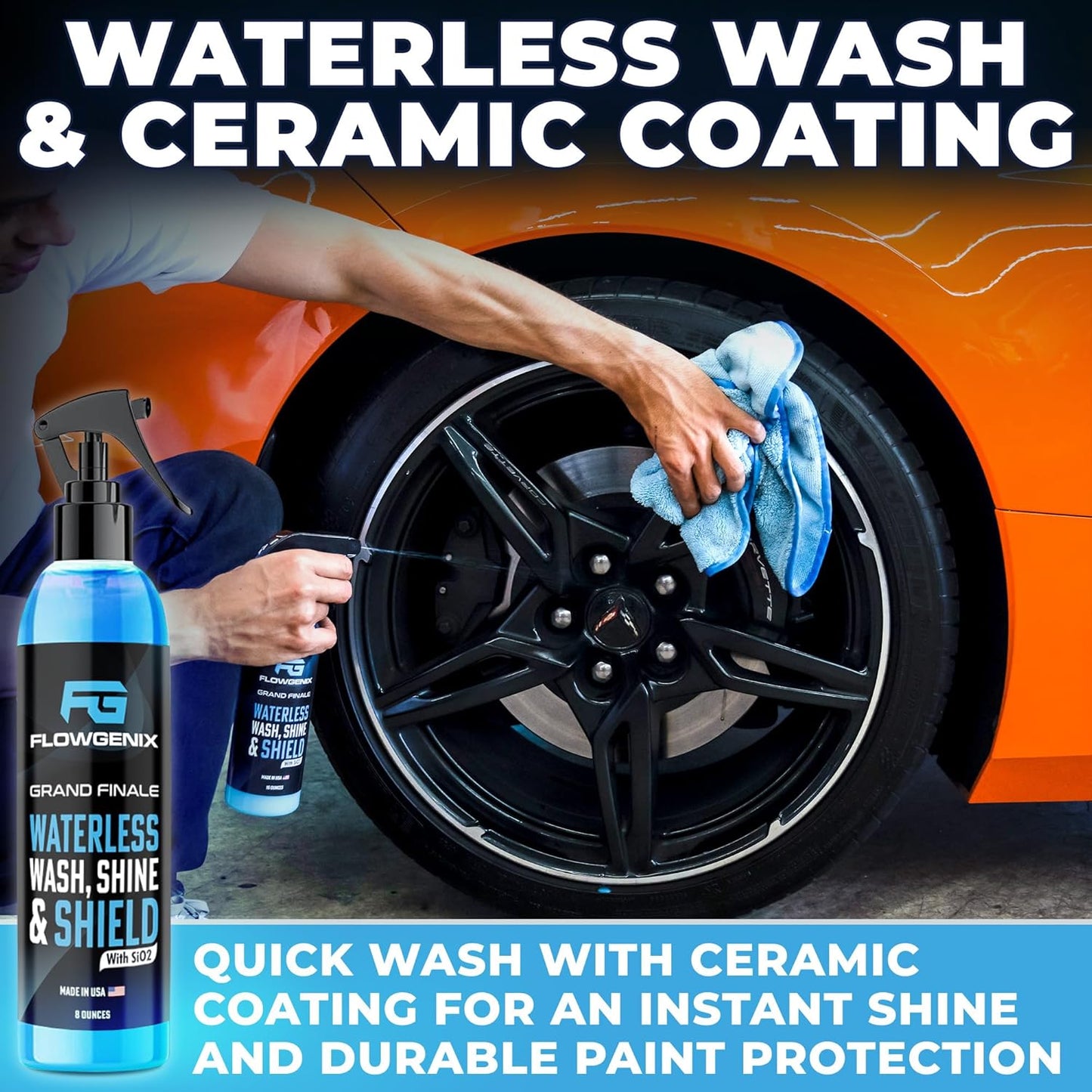 Grand Slam 5-Pack - Waterless Car Wash Detailing Spray, Tire Shine Gel, Scratch Remover, Wheel Metal Rust Cleaner, Interior Cleaner & Protector, 2 Microfiber Towels