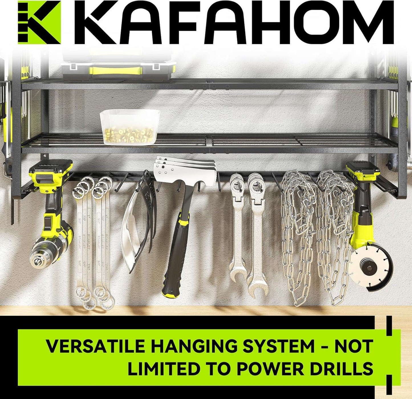 KAFAHOM Power Tool Organizer Wall Mount, 9 Drill Holders for Garage Organization,4 Layer Power Tool Rack,Tool Organizer and Storage with 2 New Accessories, Gifts Idea for Men/Dad/Husband