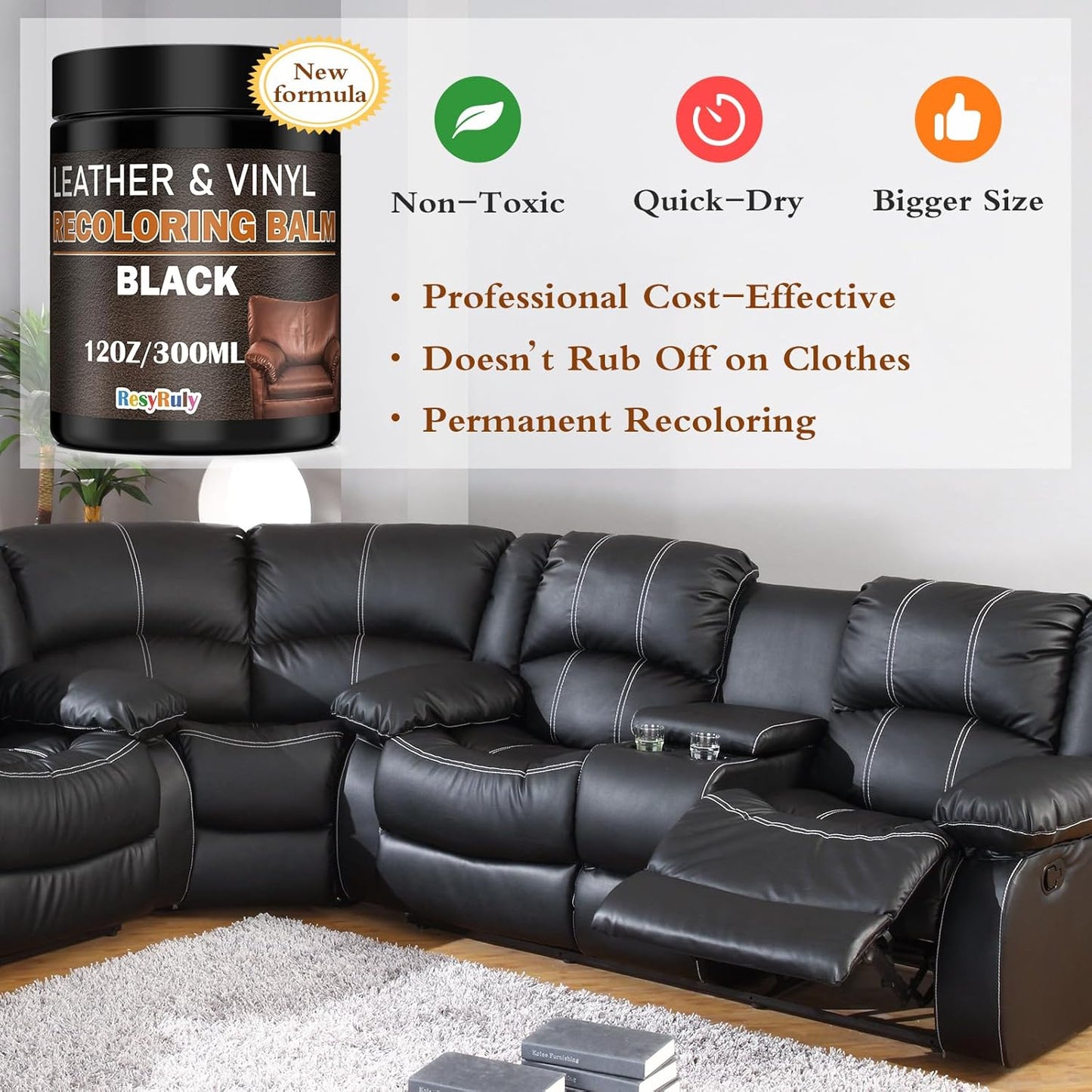 Leather Recoloring Balm Black Leather Dye Vinyl Paint Car Interior Seat Furniture Conditioner Couch Recliner Boots Jacket Shoes Handbag Purse Belt Color Restorer Fade Wear Scratch Remover Repair Kit