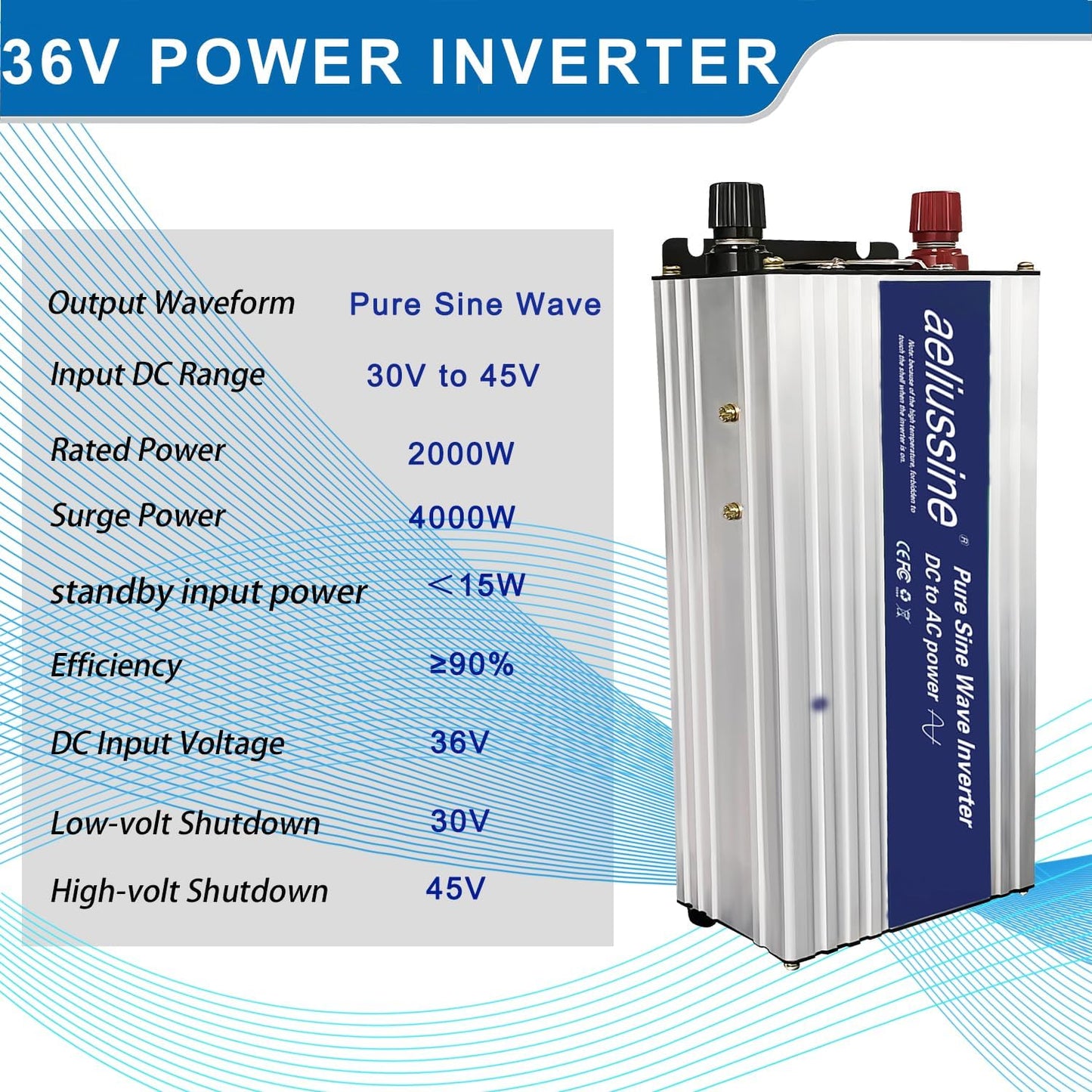 2000W Pure Sine Wave Inverter-36V DC to 110V 120V AC Power Converter with 4 AC Outlets, 36 Volt Power Inverter for Truck, Rv, Camping, Home, Emergency Power