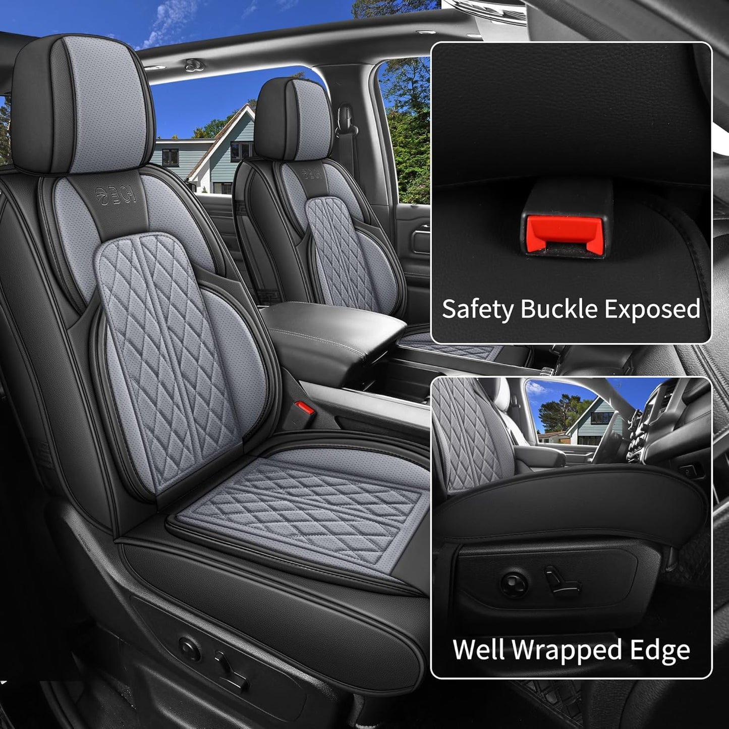 Car Seat Cover Custom Fit for Dodge Ram 1500 2500 3500 2002-2024 Faux Leather Seat Cover Set Compatible with Crew Quad Regular Cab Pickup Truck Cushions (Black & Grey, Front Seat)
