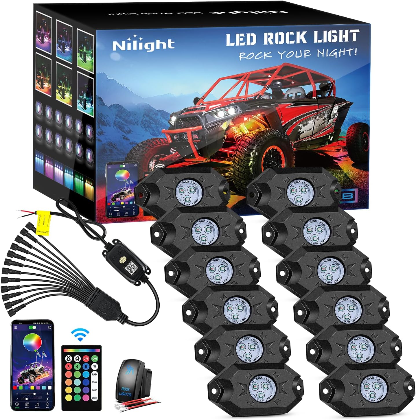 Nilight RGB LED Rock Lights Kit 12 Pods Underglow Multicolor Neon Pod with Remote & Bluetooth App Control DIY Flashing Music Mode Wheel Well Light for Truck ATV UTV RZR SUV