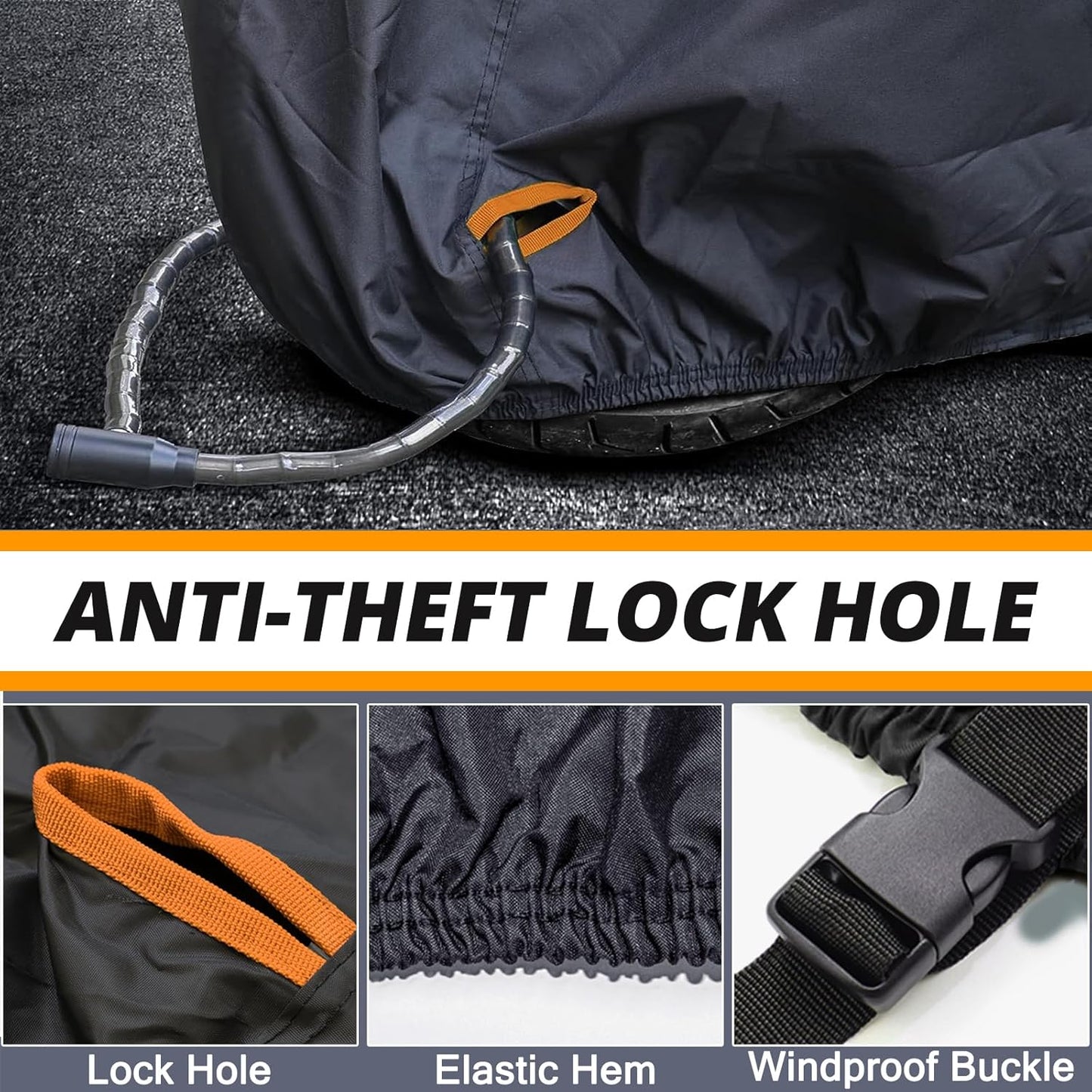 Motorcycle Cover,Waterproof Zipper Outdoor Cover for All Seasons Windproof, High Heat Resistance Dustproof and Rainproof Snowproof(Orange Zipper M Fits Up to 87 inch)