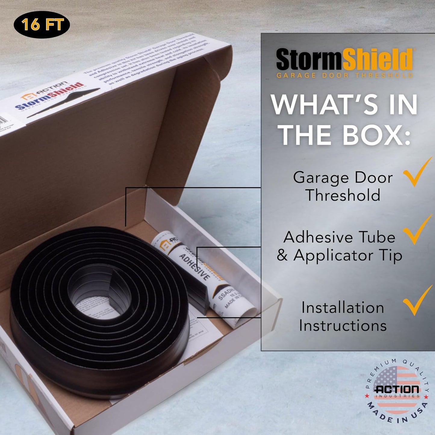 Storm Shield® 16’ Garage Door Seal Threshold Strip - Durable PVC Rubber Seal Strip - Flame Resistant, Weatherproofing Garage Door Installation - Epoxy Adhesive - Made in The USA