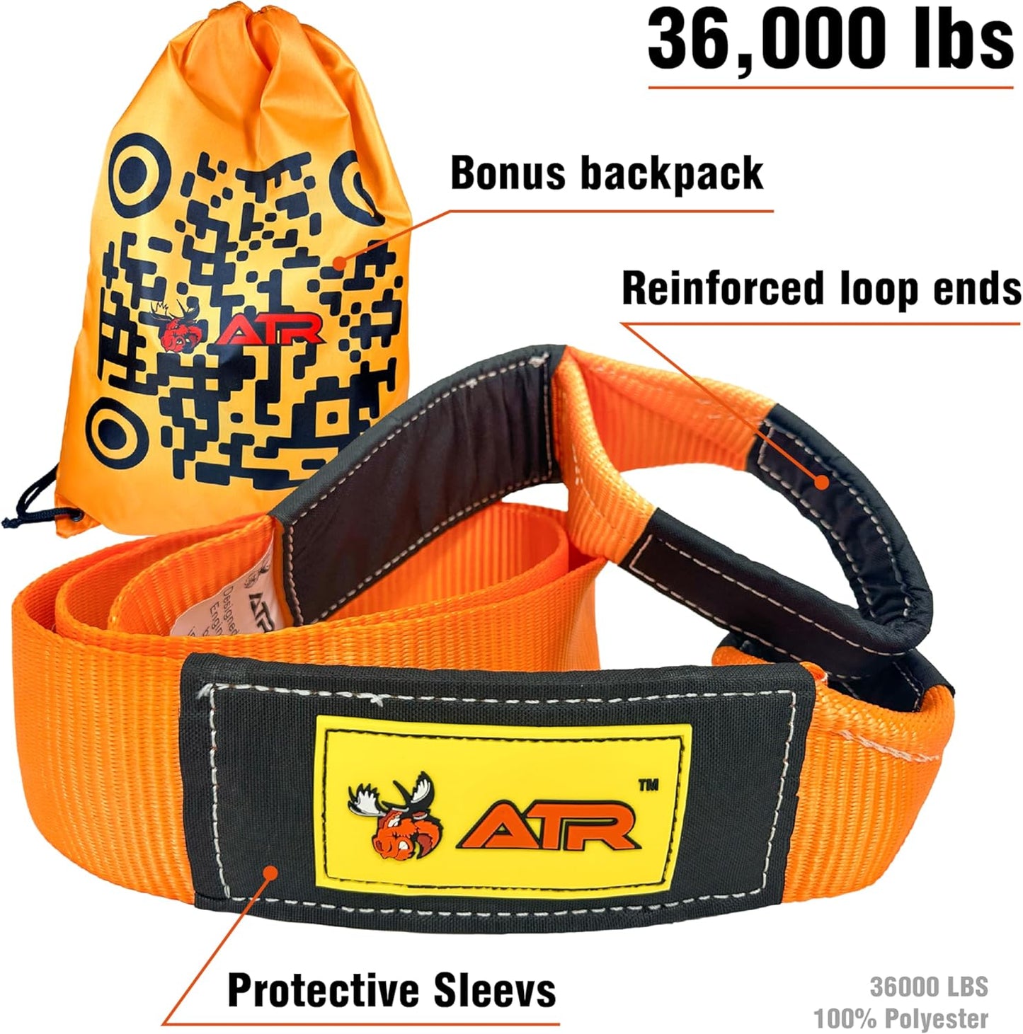 ATR Tree Saver Strap 3.5" x 8ft – 36,000 lbs Break Strength, Heavy Duty Tow Strap for Winch, Off-Road Recovery, Truck, Jeep, Short Polyester Recovery Rope with Loops