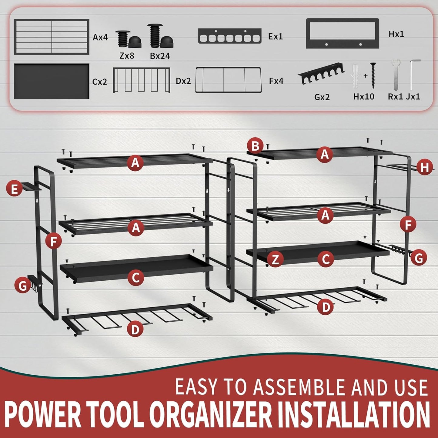 NINAT Heavy Duty 4-Tier Wall Mount Tool Organizer Rack - 8 Drill Holders, 150lb Capacity for Power Tools, Cordless Drills | Garage, Workshop, Shed & Basement Storage Solution