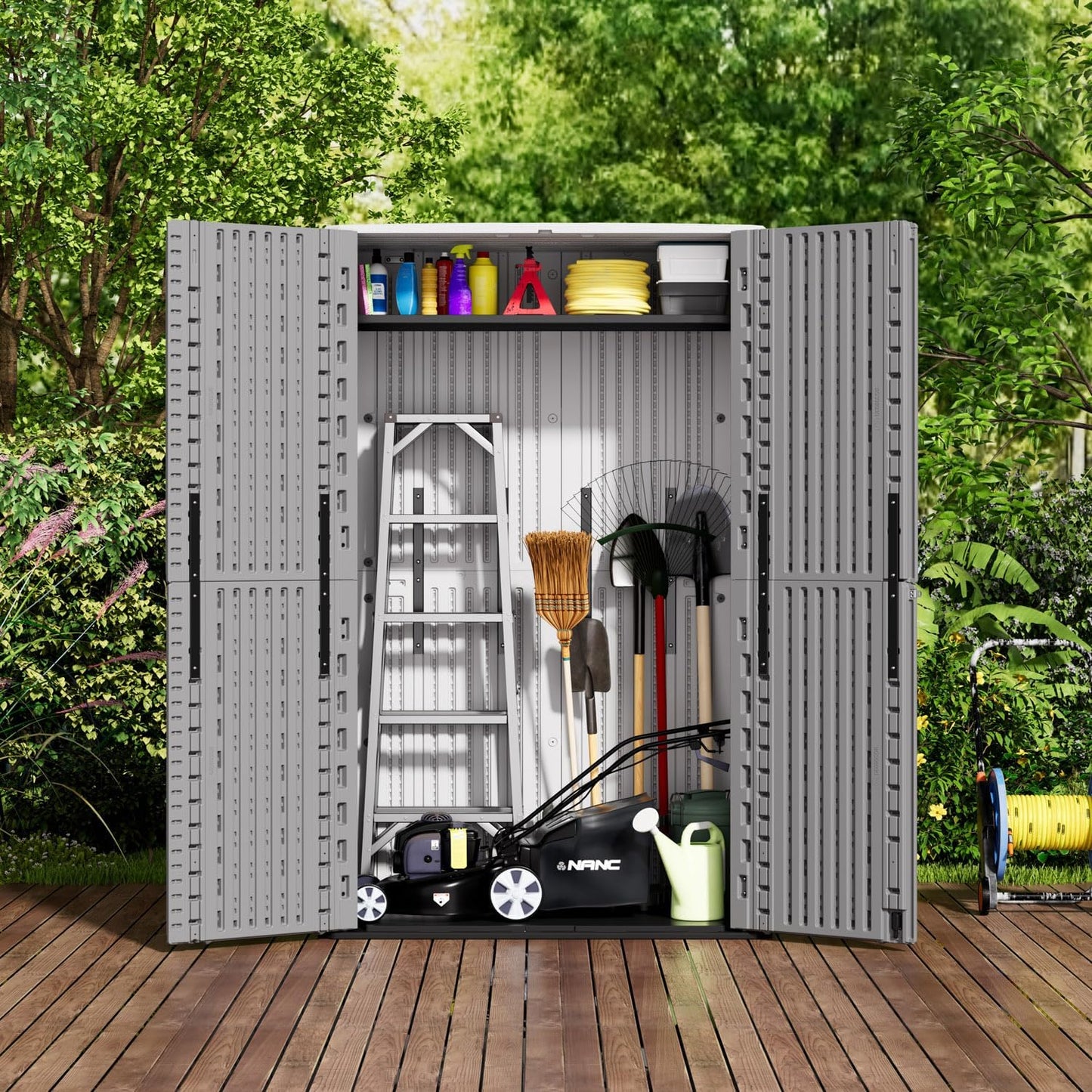 ZZM 67 Cuft Vertical Outdoor Storage Shed Diamond Texture Resin Outdoor Cabinet, 4x6 Sheds FT for Garden, Patio, Backyard, All-Weather Plastic Storage Clearance, Lockable with Floor (Grey-White)