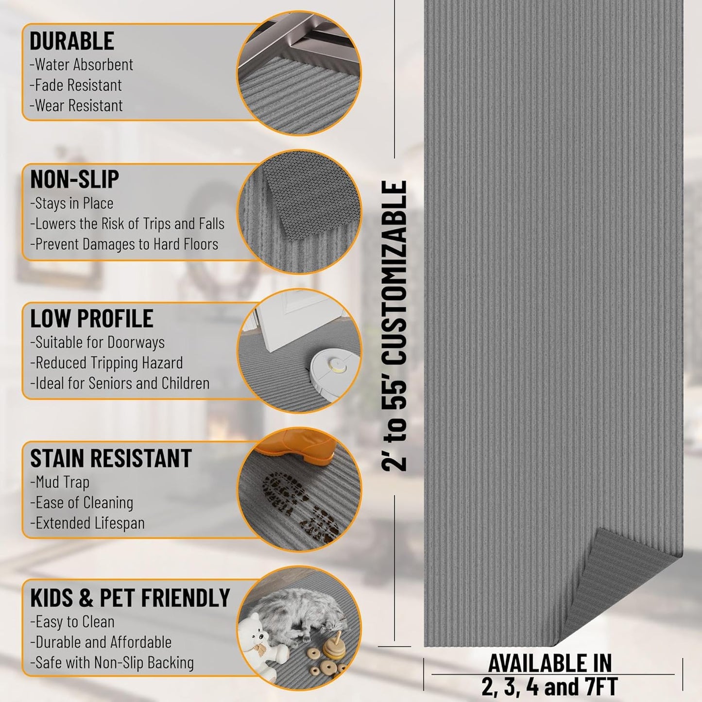 Ottomanson 2' x 28' Hallway Runner with Scraper Pile Extra Durable Non-Slip Rug Mat for Indoor & Outdoor Use - Ideal for Kitchen, Entryway, Patio & Garage - High-Traffic Carpet, Gray