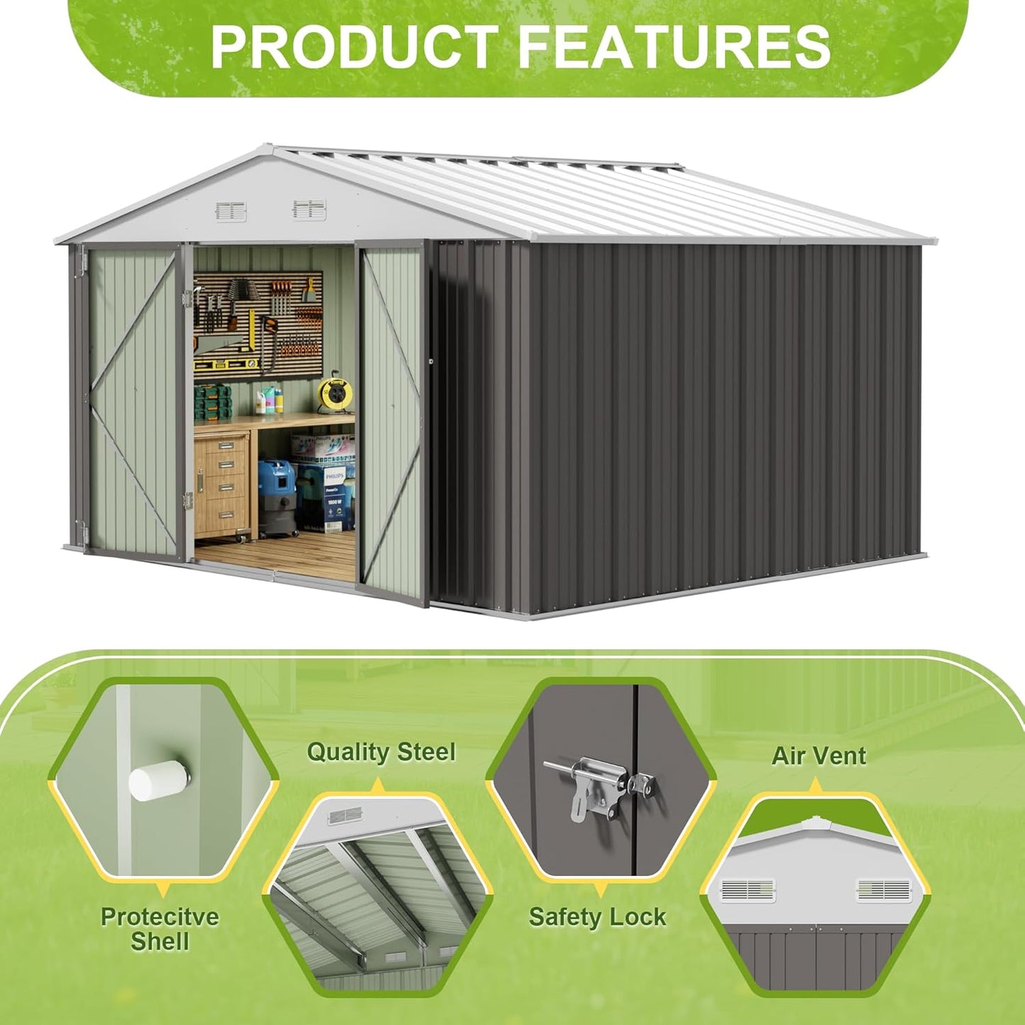 JUMMICO 8 x 10 FT Outdoor Storage Shed, Large Metal Garden Shed & Tool Sheds for Backyard Garden Patio Lawn (Grey)