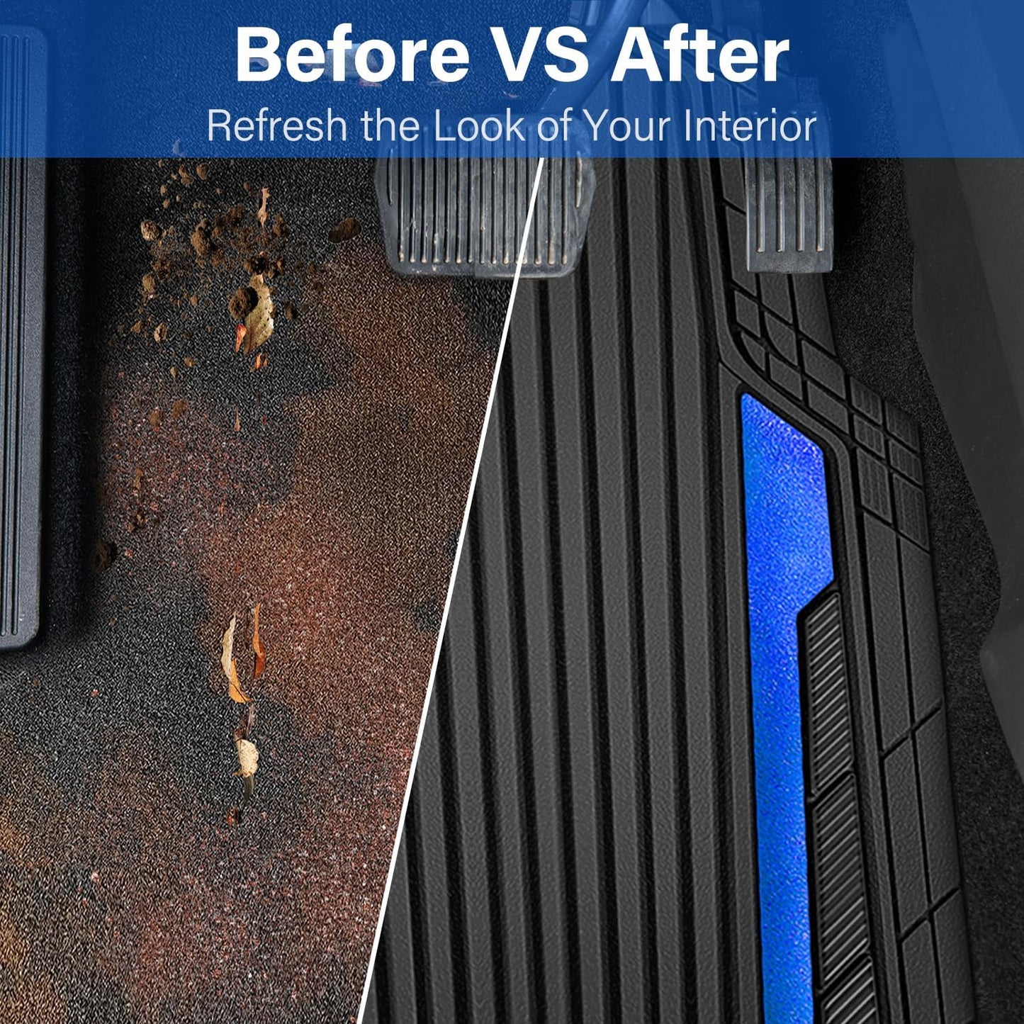 CAR PASS Heavy Duty Rubber Car Mats Metallic,Aluminum Film All Weather Floor Mats Waterproof Universal Trim to Fit Automotive SUV Sedan Van 4 Piece Anodized Deep Dish Two-Tone Sporty Black Blue Chrome