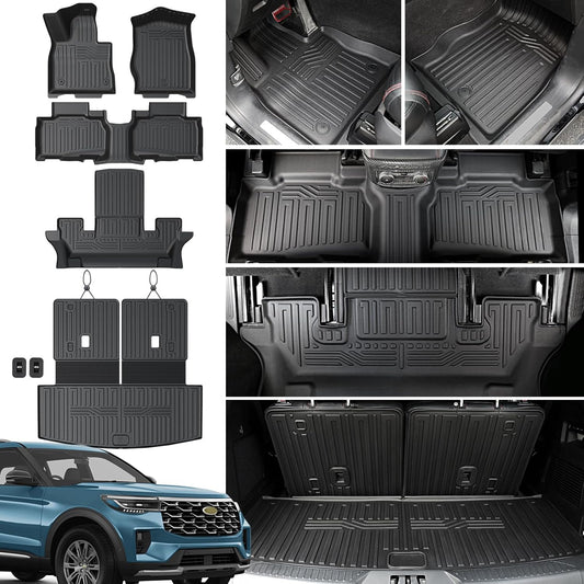 Floor Mats for 2020-2024 2025 Ford Explorer 6 Seats Captain Chairs Car Mat Accessories, All Weather TPE Cargo Mat Backrest Mats Active/ST Line/ST/Platinum(6 Seat Floor Mats+2-in-1 Cargo Mat)