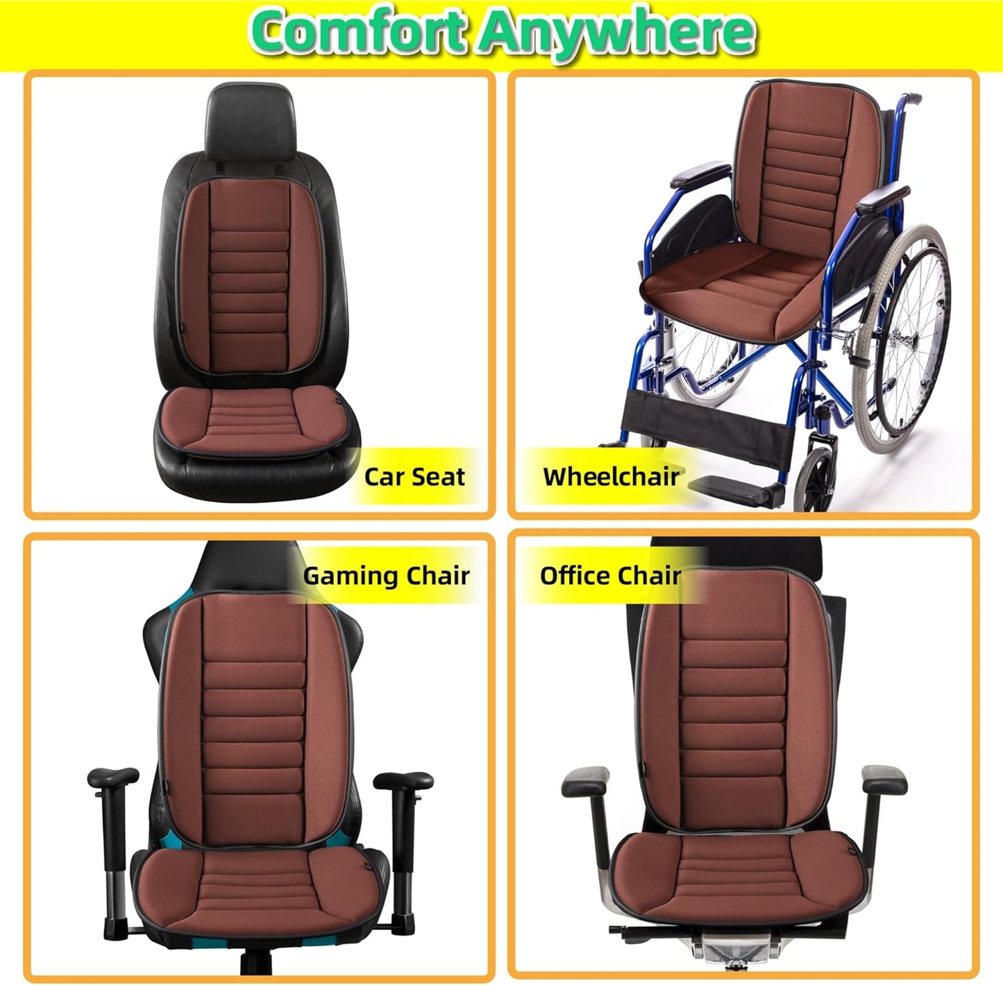 kingphenix Car Seat Cushion with Back Support Pillow: Enhanced Comfort Memory Foam Design for Pain Relief, Ideal for Drivers and Office Use - Ergonomic Lumbar Comfort for Long Sitting - Brown