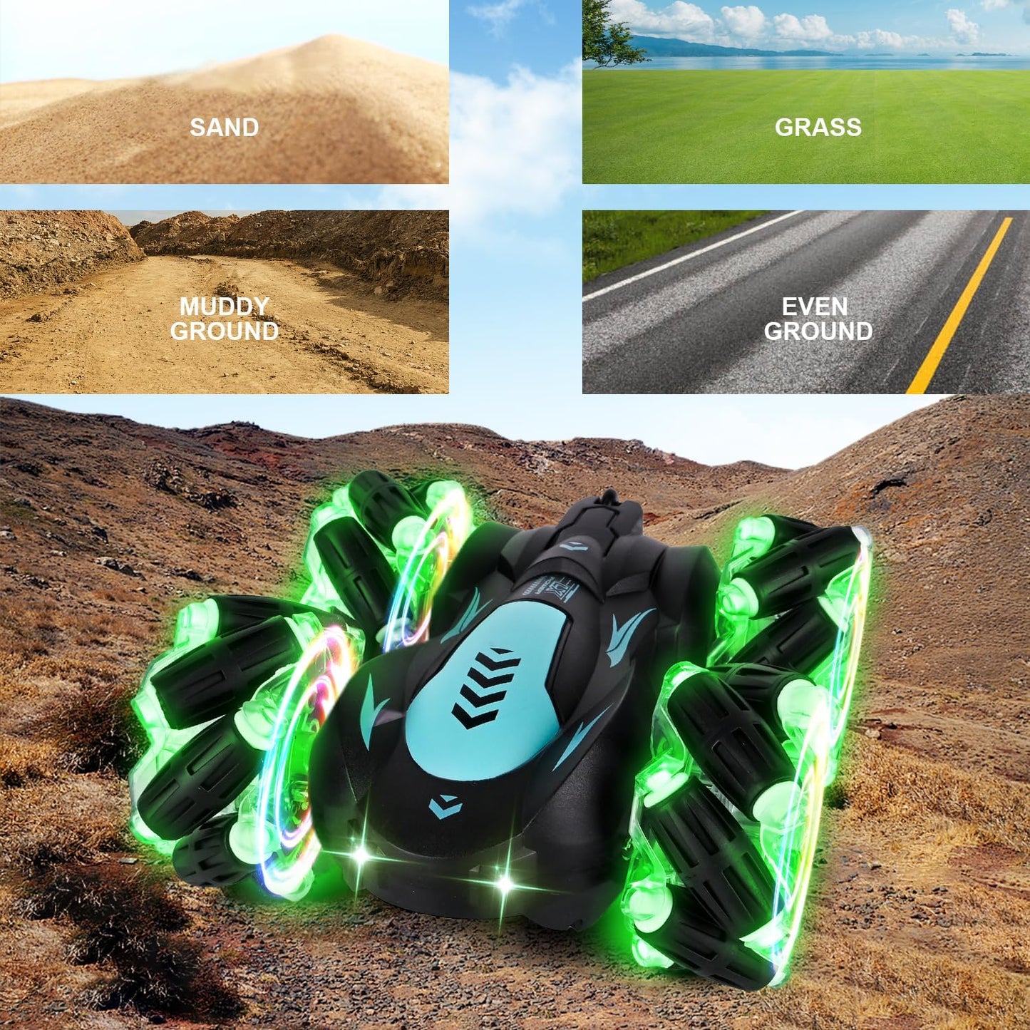 Gesture Sensing RC Stunt Car with Light, 2.4G 4WD Hand Controlled Gravity Remote Control Car Toy with 360° Flips Car for Boys Age 6 and Up Blue