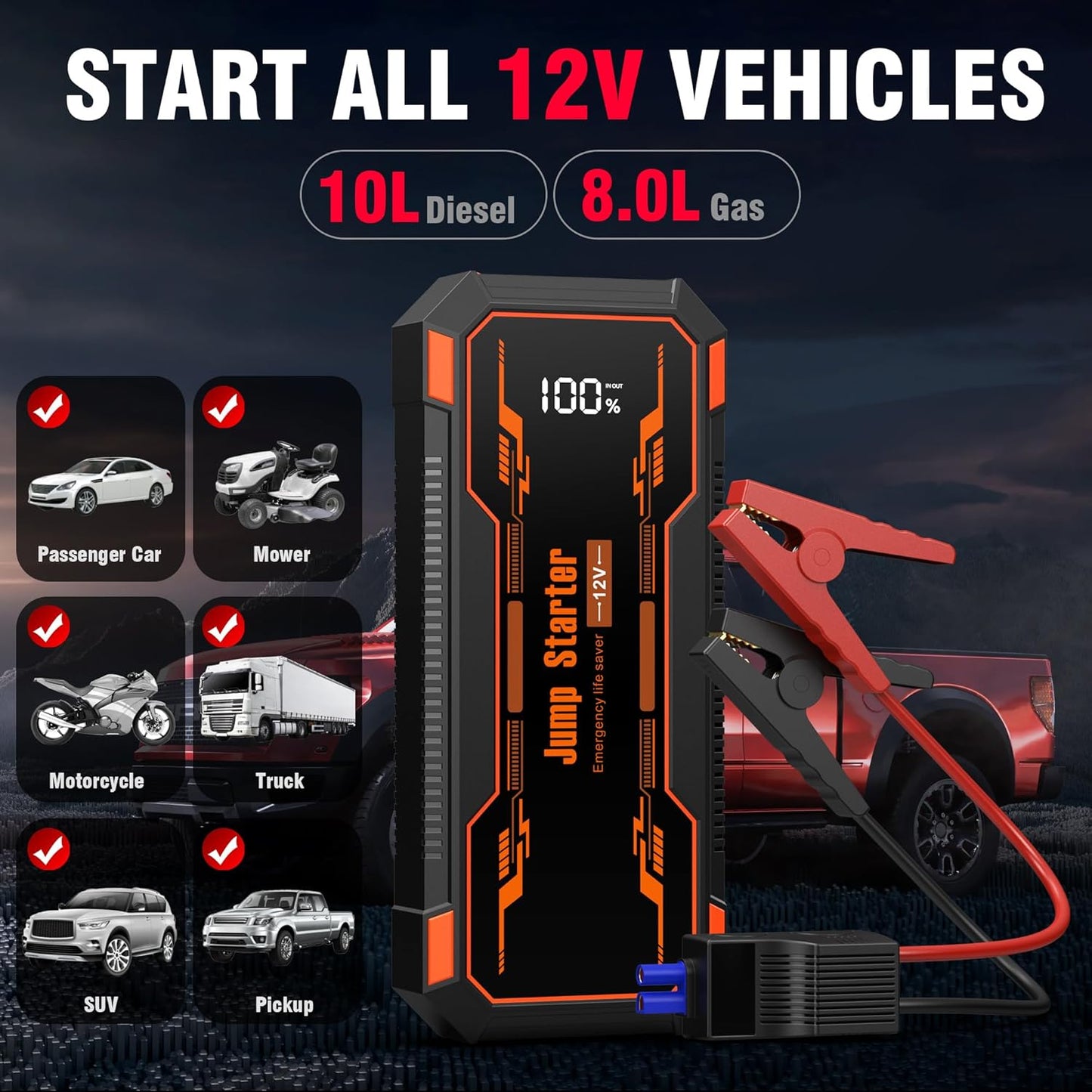 Car Jump Starter 6000A Car Battery Jump Starter Portable,12V Battery Jumper Starter Portable(10.0L Gas/8.0L Diesel),LCD Display Jump Box Jump Starter Battery Pack with Jumper Cable&Flashlight-Orange