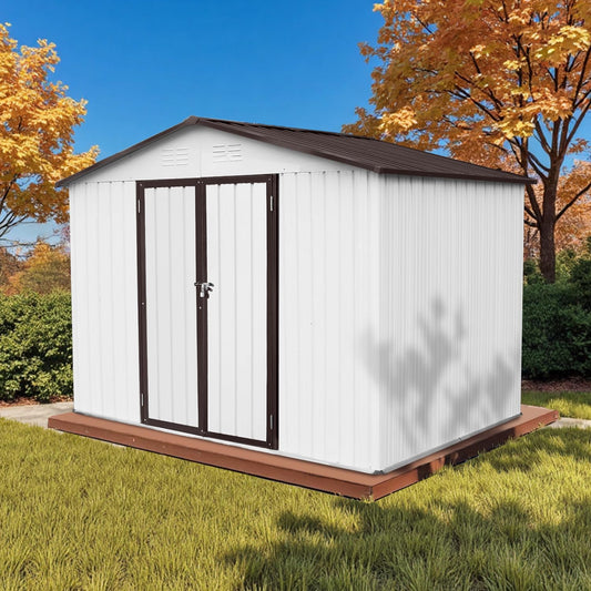 8' x 6' Outdoor Storage Shed, Sturdy Metal Building w/Lockable Doors for Garden, Backyard, Poolside and Lawn, Brown+White