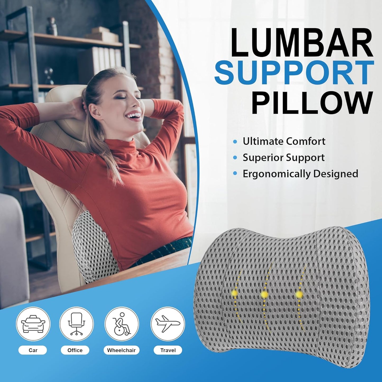 Lumbar Support Pillow for Car, Memory Foam Lumbar Pillow for Lower Back Pain Relief - Back Cushion for Driving, Chair Support for Car-Office Chair, Wheelchair - Mesh Gray