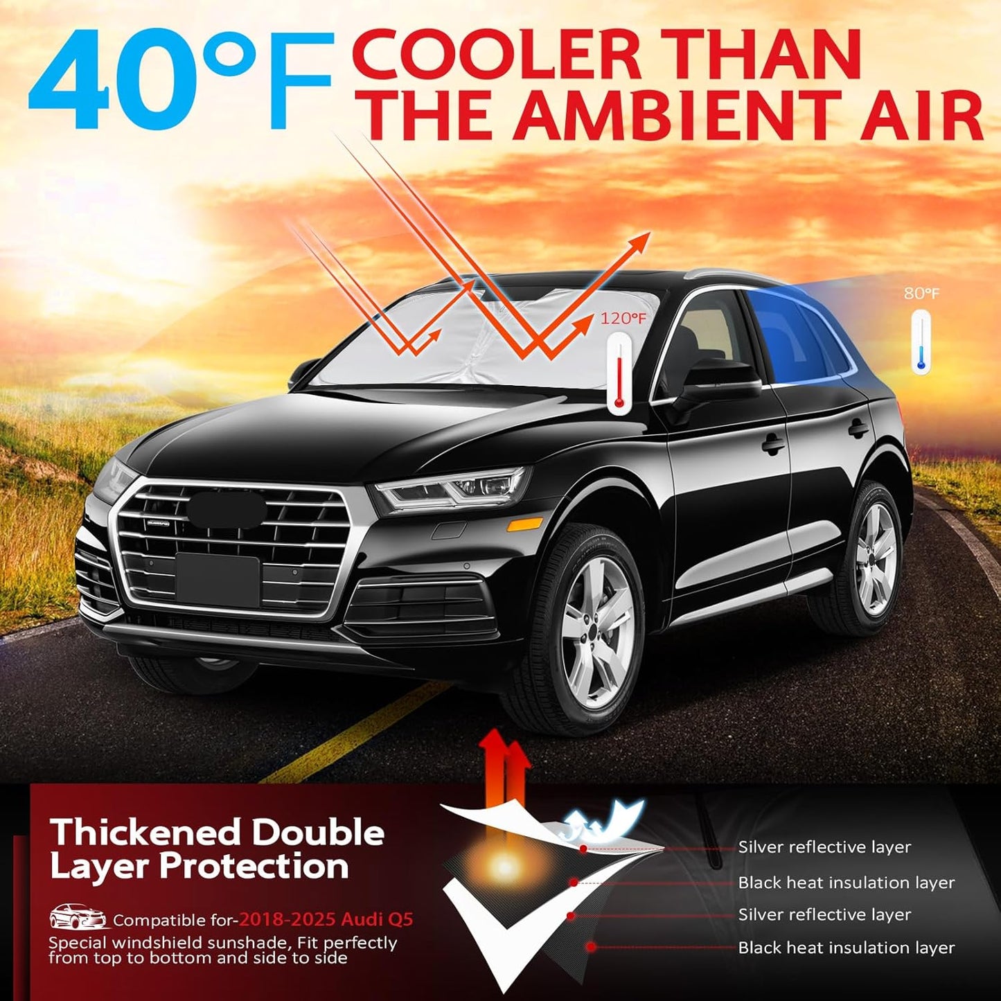 KAYZT Windshield Sun Shade for 2018-2025 2026 Audi Q5 SUV Foldable Sunshade Front Window Custom Fit Car Accessories