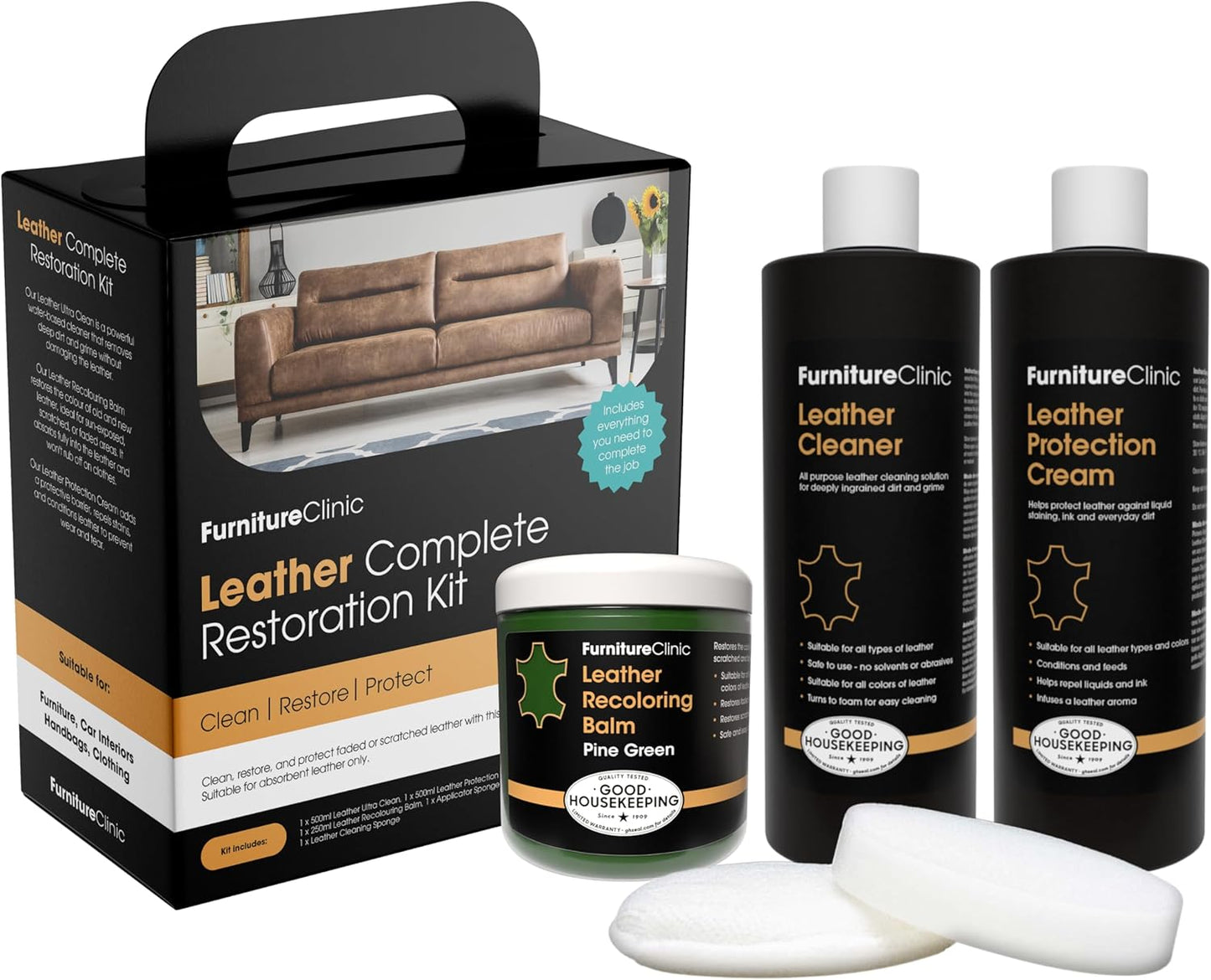 Furniture Clinic Leather Complete Restoration Kit | with Leather Recoloring Balm, Cleaner, 2-in-1 Protection Cream & Conditioner, Sponge, and Cloth | Repair Kit for Furniture (Pine Green)