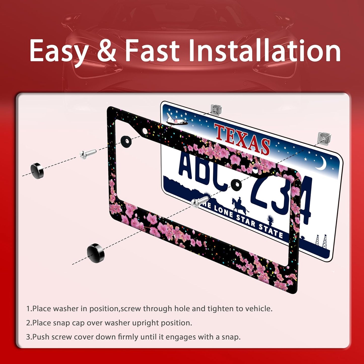 Cherry Blossom License Plate Frame Beautiful Flowers License Plate Frames Stainless Steel Accessories Cars Decor With 2 Holes And Screws Fits Standard Us Ca Vehicles License Plate Holder 12.2 X 6 Inch