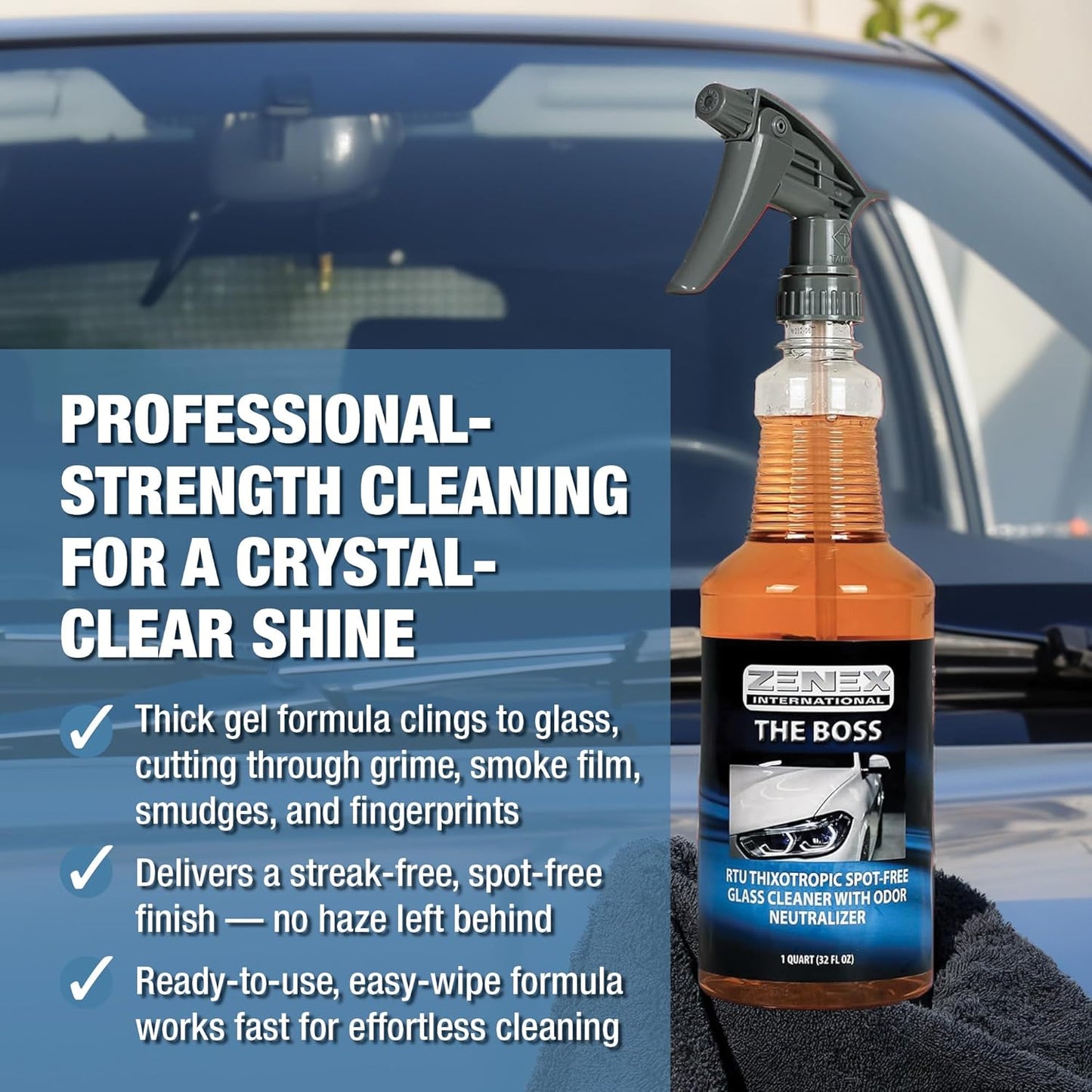 Zenex The Boss Glass Cleaner - Professional-grade Glass Cleaner | Removes Grime from Glass Surfaces - Mirrors, Windows, & More | Not For Tinted Glass | Spot-Free, Streak-Free Finish | 32 oz (2 Pack)