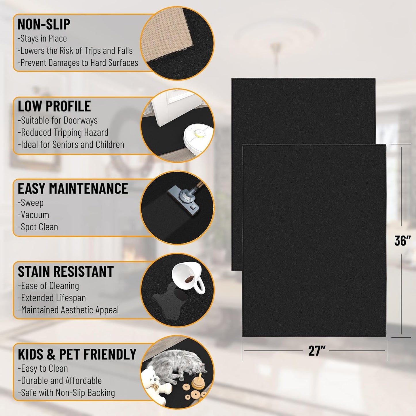 Ottomanson Rugs for Entryway 2'3" x 3' - 2 Pack Non Slip Solid Small Area Rugs Durable Front Door Mat Rug Stain Resistant Entrance Rugs for Bathroom Kitchen Bedroom & Living Room, Black