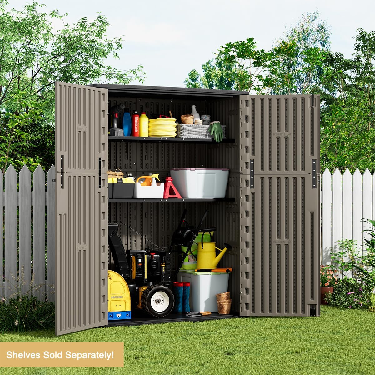 KINYING Outdoor Vertical Storage Shed,57 Cu.ft Outdoor Storage Cabinet Waterproof,Resin Sheds & Outdoor Storage Clearance for Garden,Patio,Backyard,Lockable (Brown)