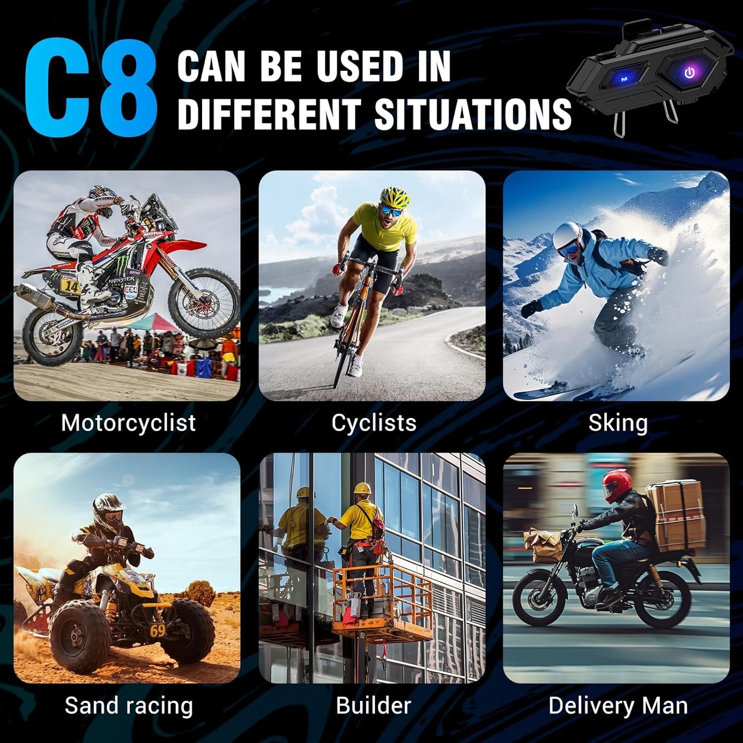 Motorcycle Bluetooth Headset, C8 Helmet Bluetooth Headset with 2 Type Mics, Hands-Free Call/Music/IPX6/Noise Cancellation/Wake Up Siri/Can Connect Two Mobile Phones, Motorcycle Helmet Speakers