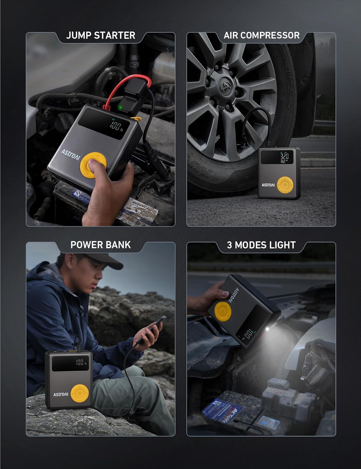 AstroAI Portable Car Jump Starter with Air Compressor, 150PSI 1750A Car Jumper Starter Battery Pack with Cordless Tire Inflator (7.5 Gas/5.0L Diesel), 12V Jump Box, Large LCD Display, Lights(Yellow)