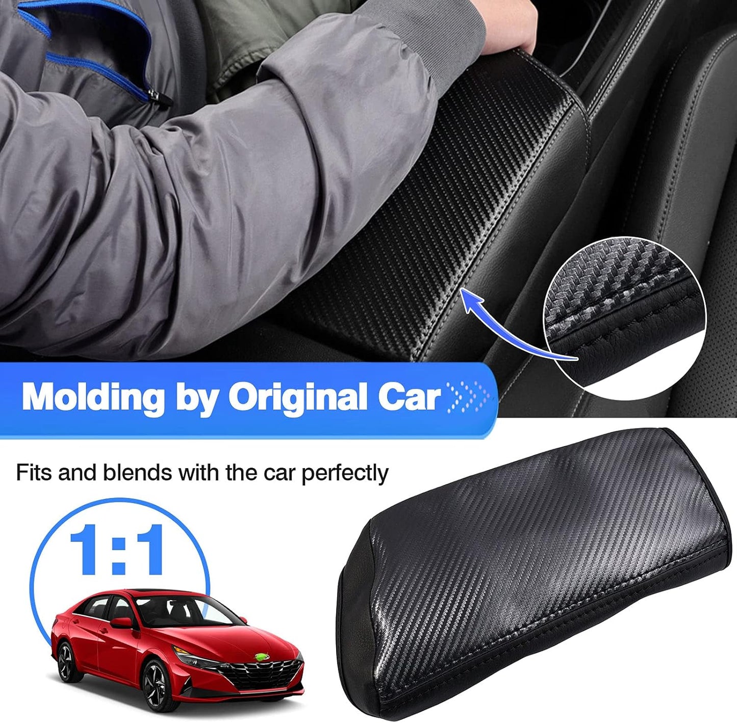 Autorder Center Console Cover for Hyundai Elantra 2021-2025 2026 Accessories Carbon Fiber Armrest Cover Anti-Scratch Leather Armrest Protector (Automatic Brake Only, Not for Handbrake)