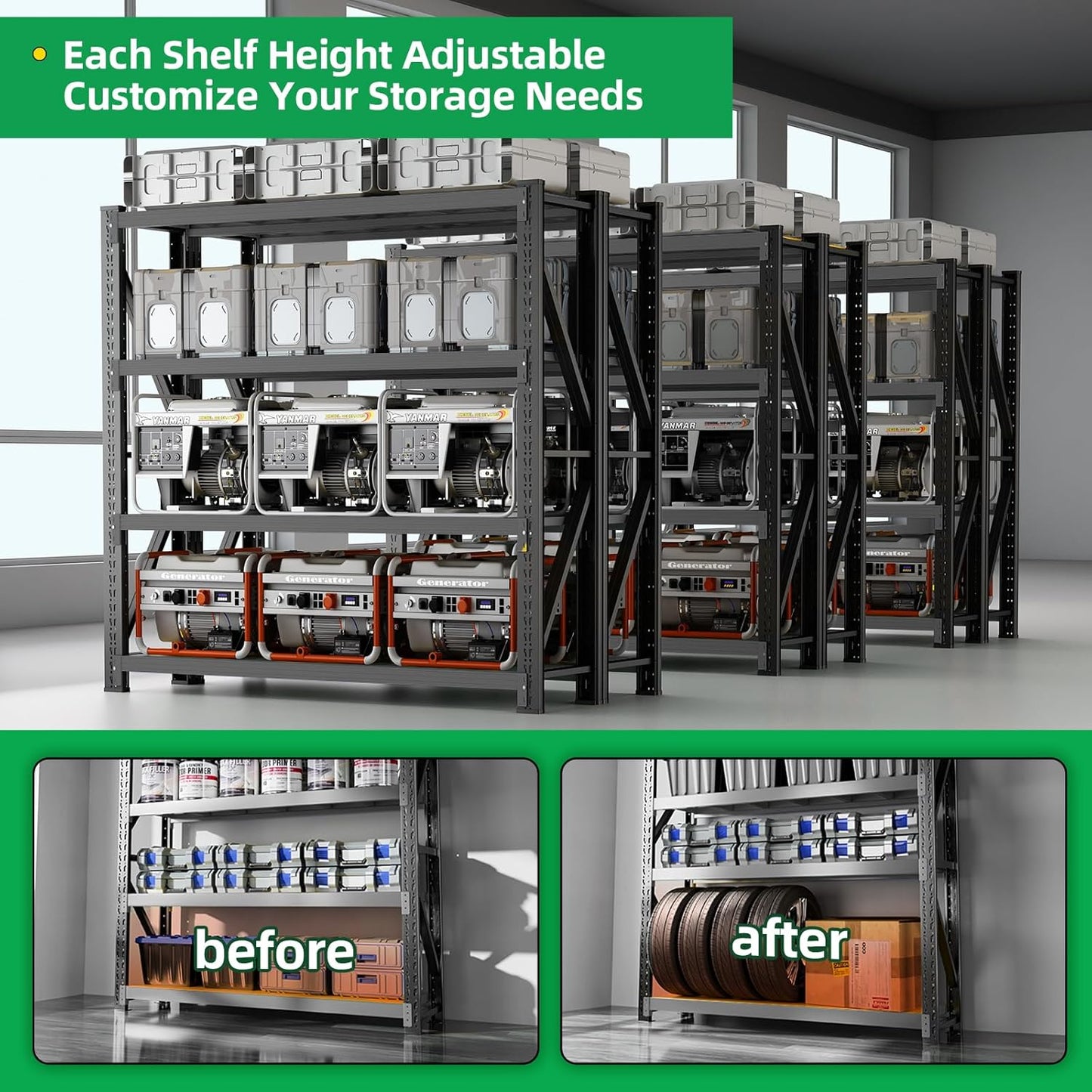 3000LBS Heavy Duty Storage Shelves,63''H Metal Garage Shelving, 4-Tier Adjustable Garage Organization Shelving Units, Industrial Shelving for Warehouse,Workshop- Classic Black