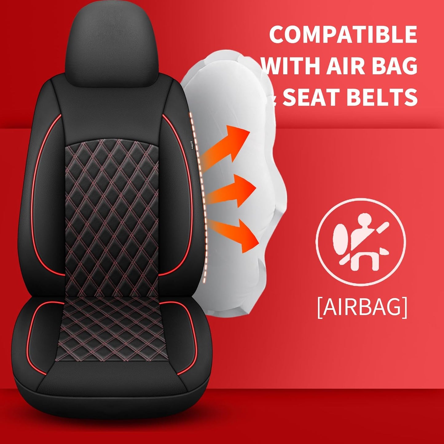 Car Seat Covers Full Set,Breathable and Waterproof Napa Leather Car Seat Cover,Interior Universal Fit for Cars,Sedans,SUVs,Vans,Trucks(Full Seat,Black+Red,N3)