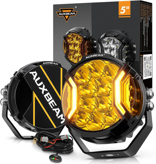 Auxbeam V-Ultra Series 5" 172W Side Shooter Offroad Fog Lights, Amber DRL Function 3 Modes, 270 Degree Wider Range, 20400LM Round LED Pods Light Bar with Protective Covers, Pair