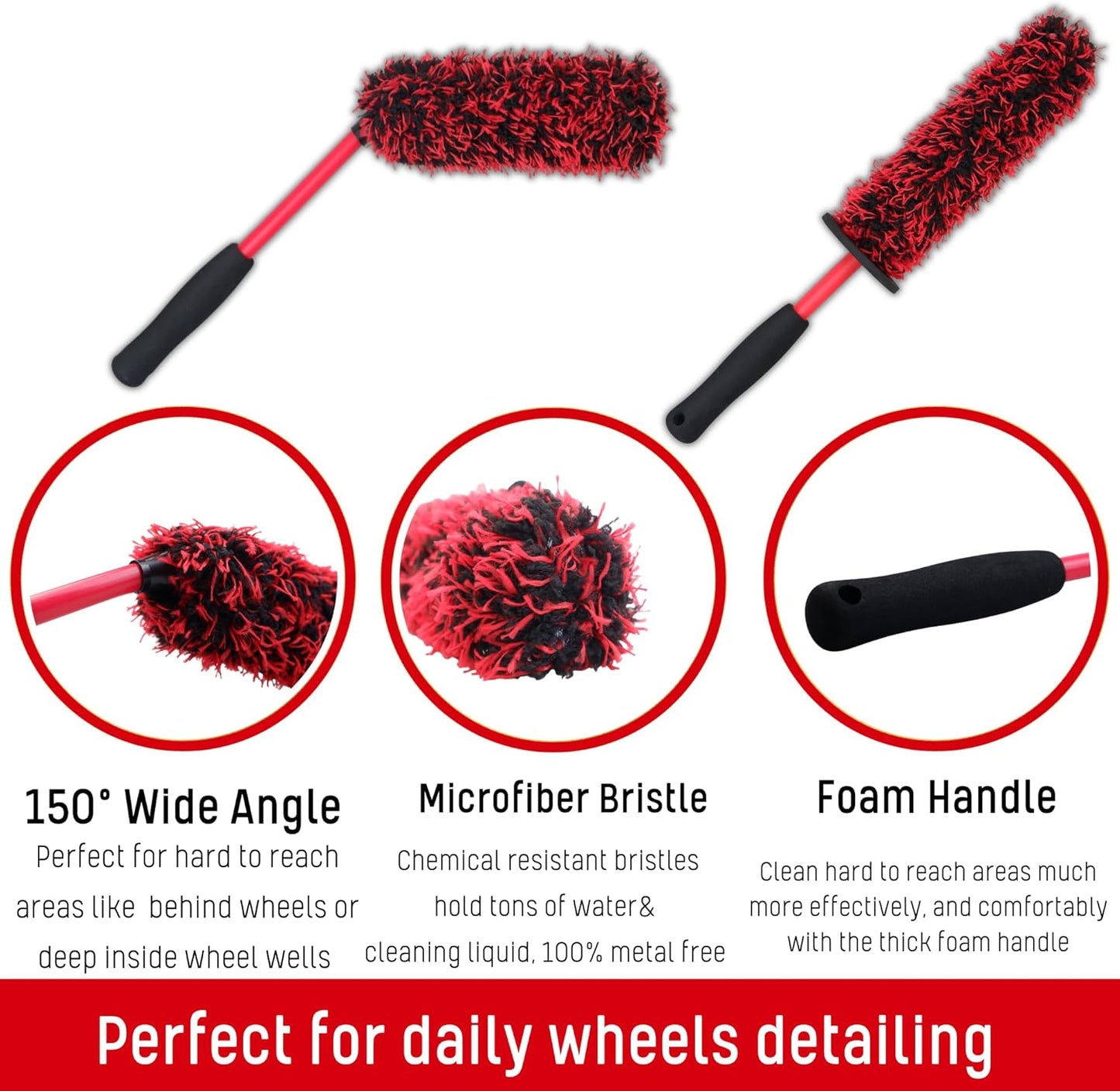 Metal Free Microfiber Wheel Brush Kit- Microfiber Angled Wheel Brush, Long Handle Wheel Brush, Tire& Detailing Brush, Wheel Wash Mitt. Hands-On Wheel Detailing Kit for Daily Wheel Cleaning