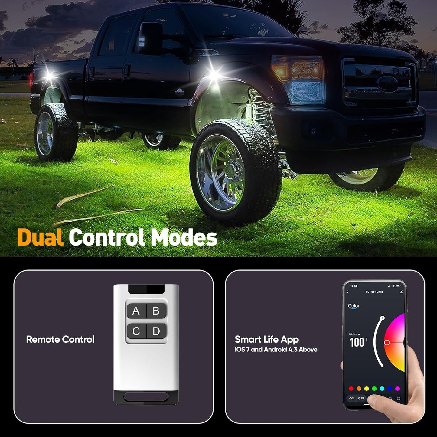 YiLaie RGB LED Rock Lights Kit, 6 Pods Underglow Multicolor Neon Light with App/RF Remote Control, Flashing Music Mode, Multicolor Wheel Well Light for Trucks ATV UTV RZR SUV Golf