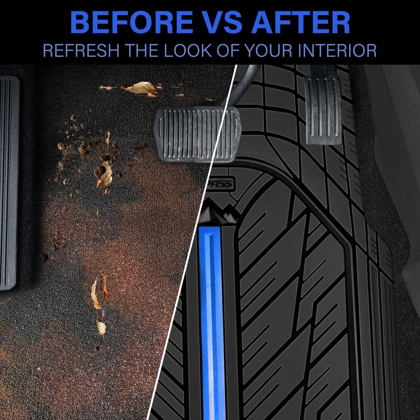 CAR PASS Metal Medium Rubber Floor Mats for Car Heavy Duty Car Mats All Weather, Universal Trim to Fit for Truck SUV Vehicle Automotive Floor Mats, Waterproof Car Mats 4 Piece Black Bule