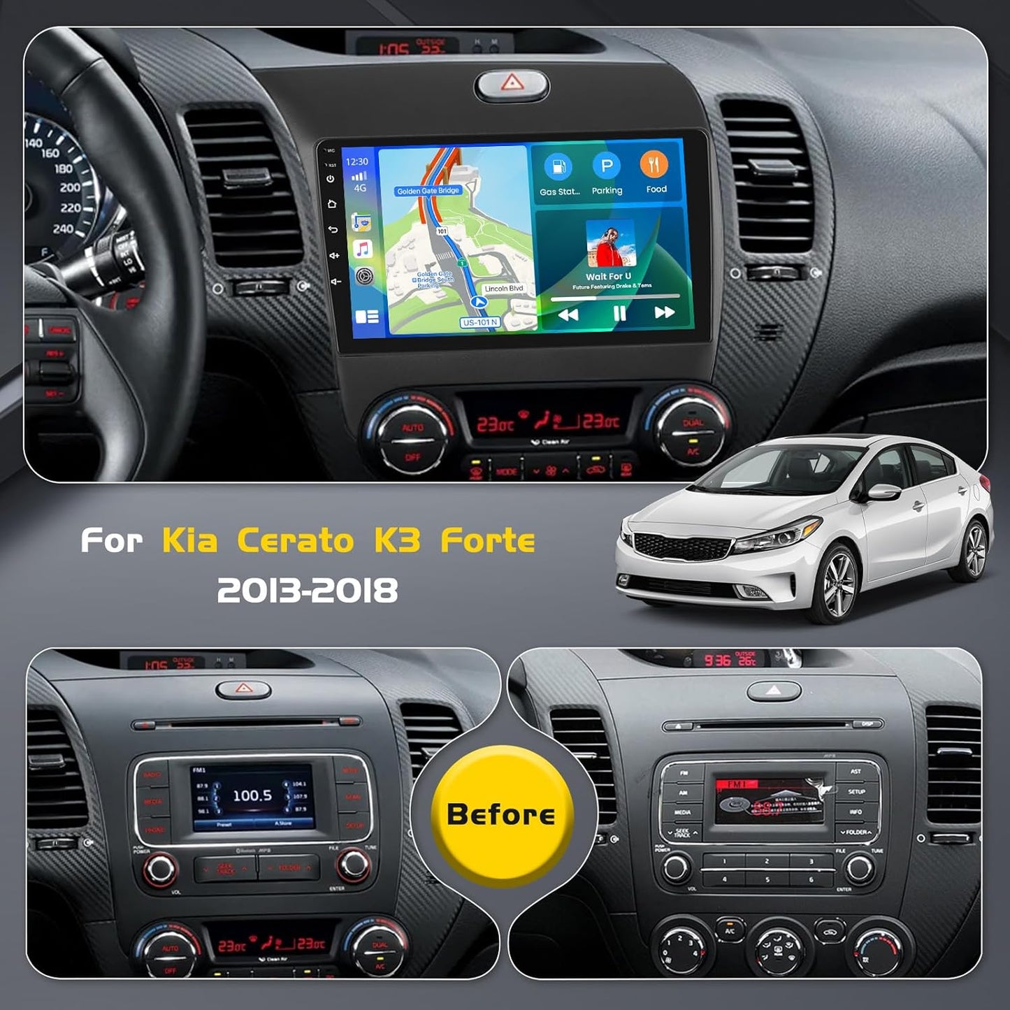 [4G+64G] Android 15 Car Stereo for Kia Cerato K3 Forte 2013-2018 with Wireless Carplay Android Auto, 9 Inch HD Touch Screen with WiFi GPS Bluetooth5.0 FM/RDS Radio 32EQ SWC Backup Camera MIC