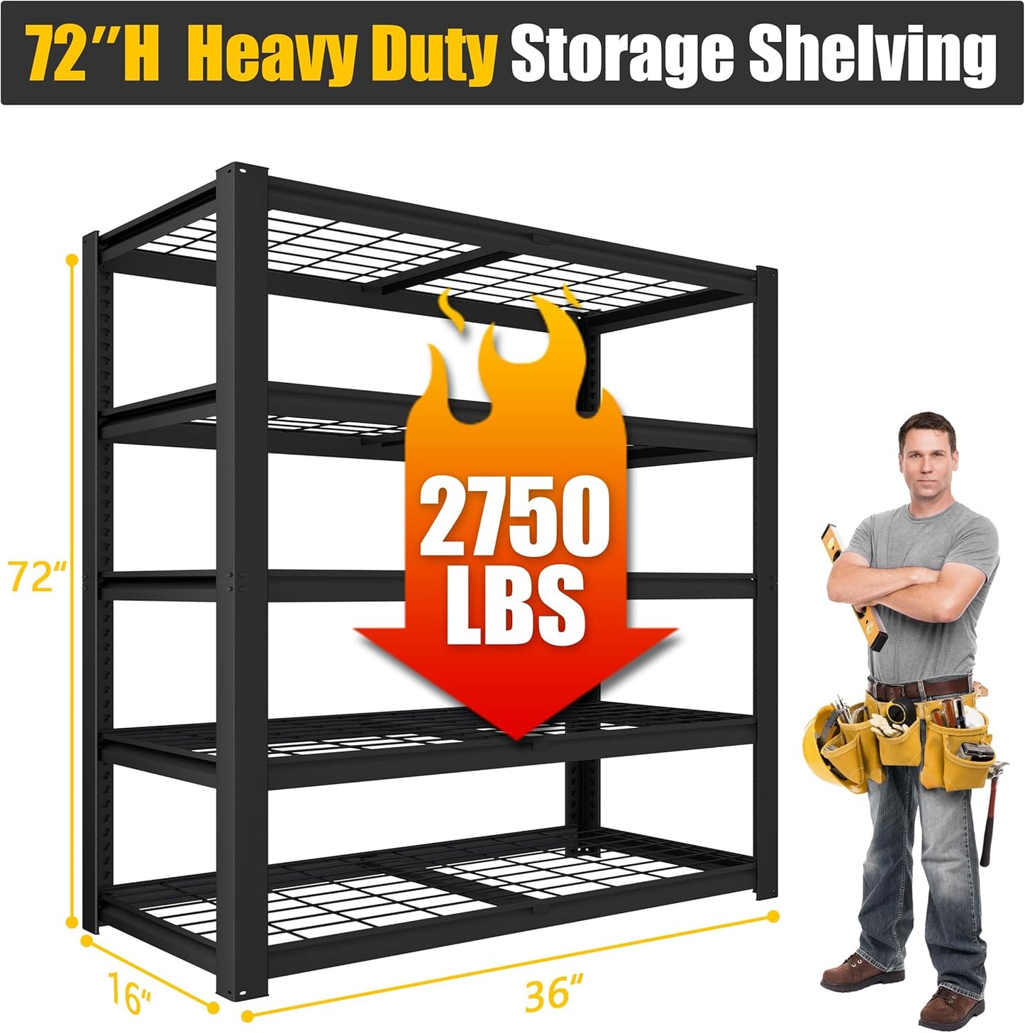 PrimeZone 36" W Heavy Duty Garage Shelving 5 Tier Heavy Duty Storage Shelves Adjustable Industrial Metal Wire Shelf Unit for Garage,Basement,Pantry,Warehouse,Commercial,36" W X 16" D X 72" H 2Pack