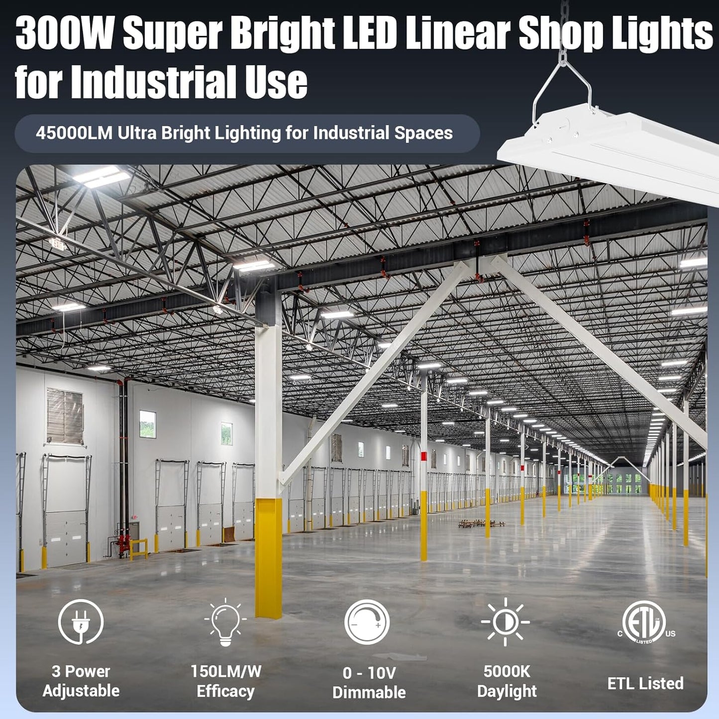 LED Linear Shop Lights 300W, 45000LM Led High Bay Lights 5000K Daylight 120-277V,Led Garage Light for Shop Workshop Store Commercial Supermarket Warehouse Basement Exhibition Room ETL-1Pack