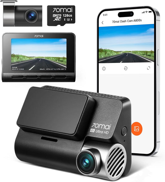 70mai 4K Dash Cam Front and Rear with STARVIS, Built in 5GHz WiFi & GPS Car Camera, Super Night Vision, ADAS, 3'' IPS Screen, 24H Parking Mode, Time-Lapse, Loop Recording, with 128GB Card (A800S)