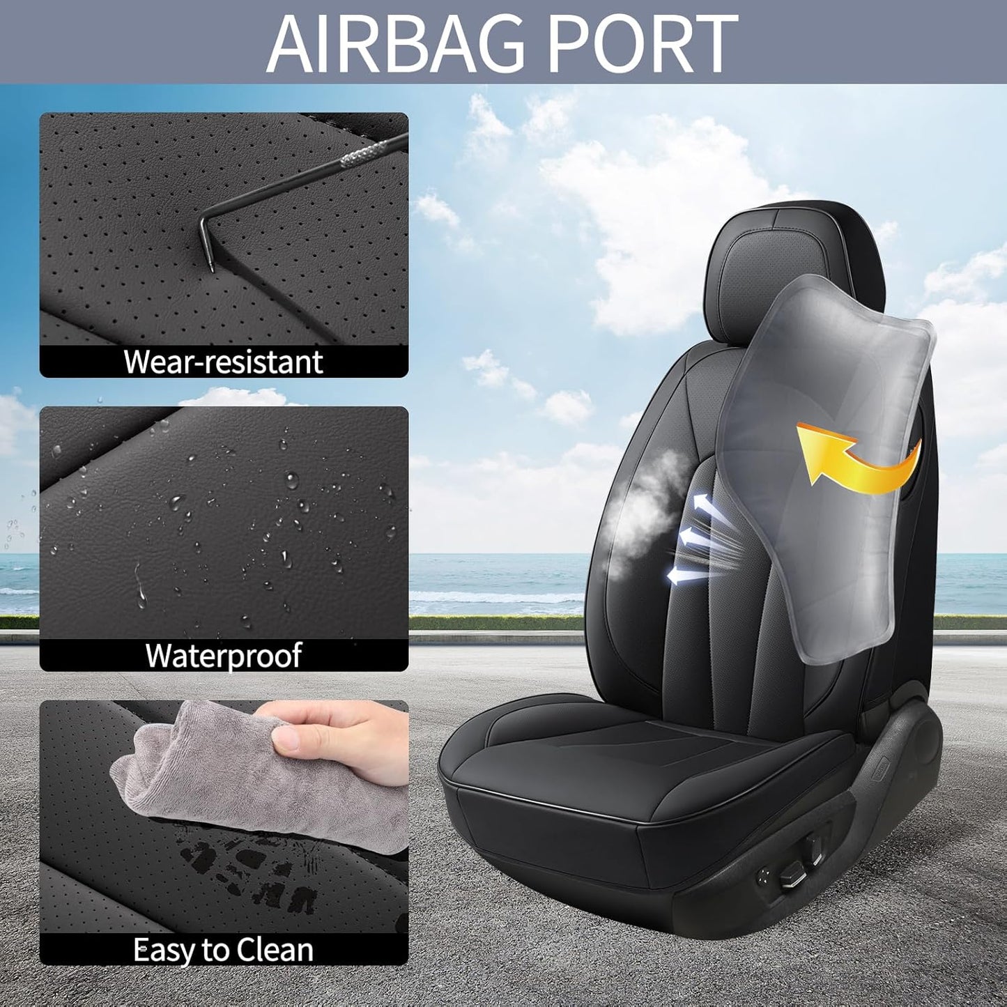 Car Seat Covers,5 Seats Automotive Seat Covers,Breathable Car Seat Protector Waterproof Leather Car Seat Covers for SUV, Sedans and Trucks，Luxury Full Wrapping Edge Seat Covers,Black