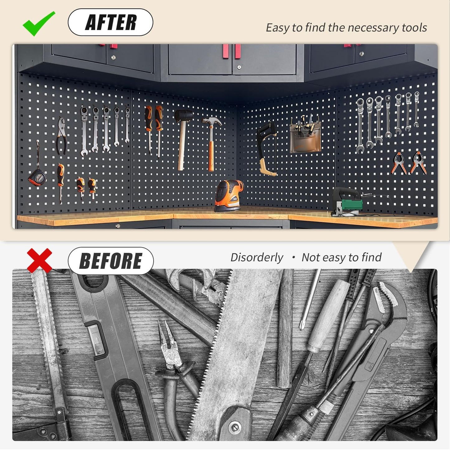 Corner Workshop Set - 10-Pcs Garage Cabinets and Storage System with Corner Cabinet, Cabinet Drawers, Workbench, Pegboard for Tool Organization, Red and Black