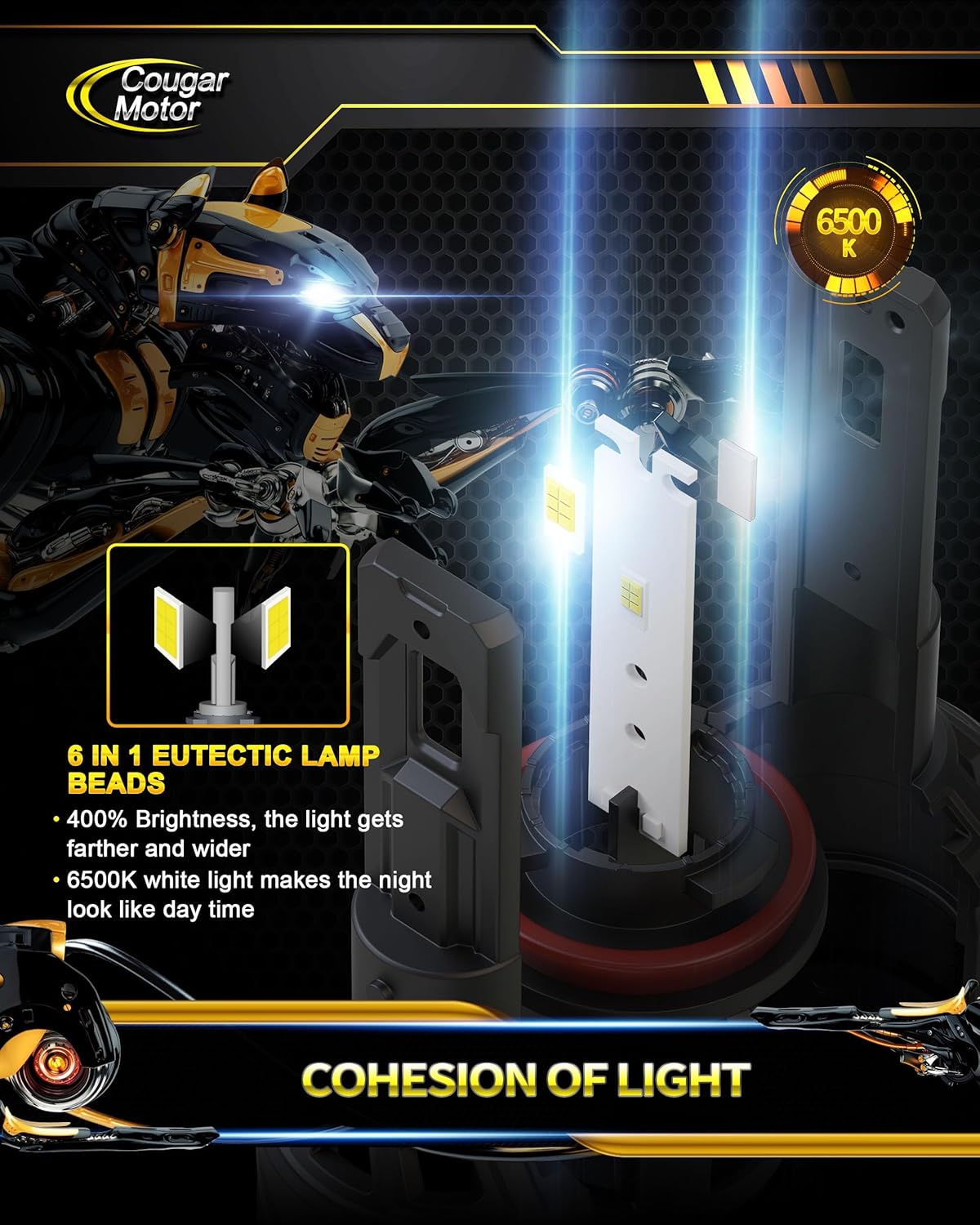 Cougar Motor H11 Bulbs, H11 Light Bulb H8 H9 Fog Lights 6500K White Non-Polarity H11 Fog Bulb Plug and Play - Pack of 2