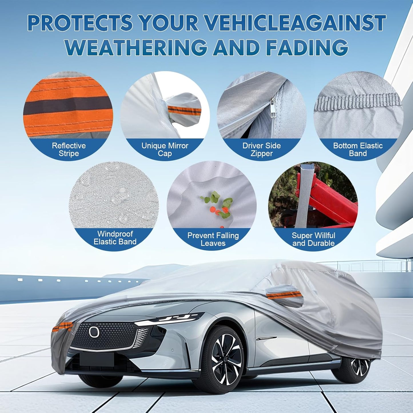 KEYOOG 6-Layer Full Car Cover is All-Weather Waterproof, Universal in All Seasons, Snow Prevention, Rainproof, Acid Rainproof, Sunscreen, Ultraviolet-Proof, Fit SUV 214"-236" Orange Reflective Strip