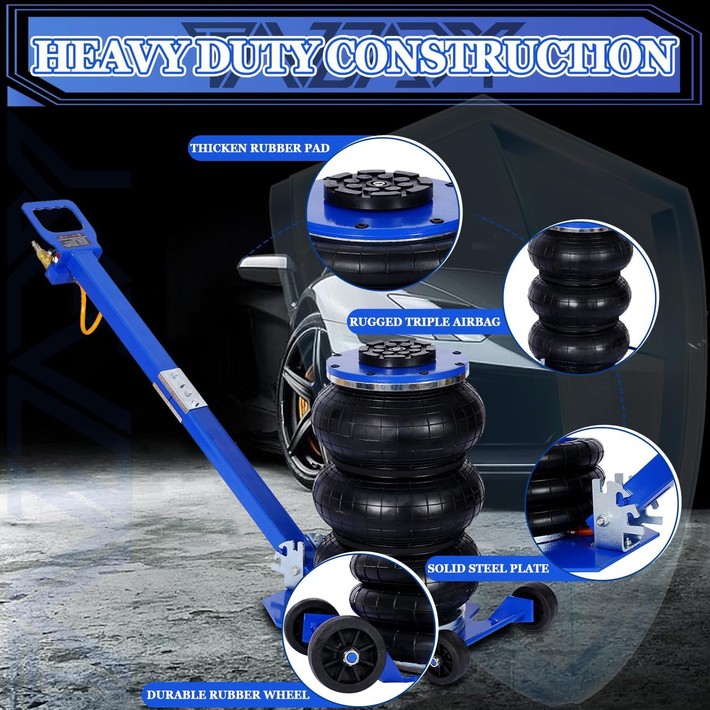5T Triple Bag Air Jack 11000lbs Pneumatic Jack 3s Fast Lift Up 16in Airbag Jack with Adjustable Long Handle Heavy Duty Triple Air Bag Jack Lift for Cars Garage (Blue)
