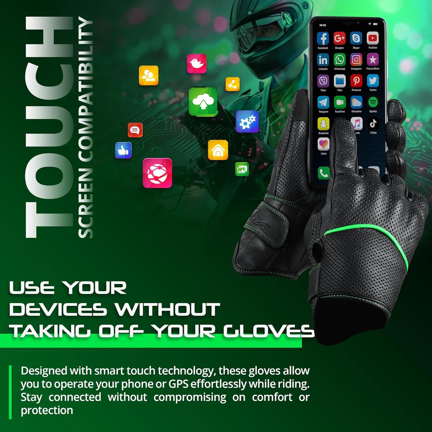 aasportx Motorcycle Gloves - Men's Leather Motorbike Gloves with Touchscreen Function - Non-Slip Pads for Men & Women