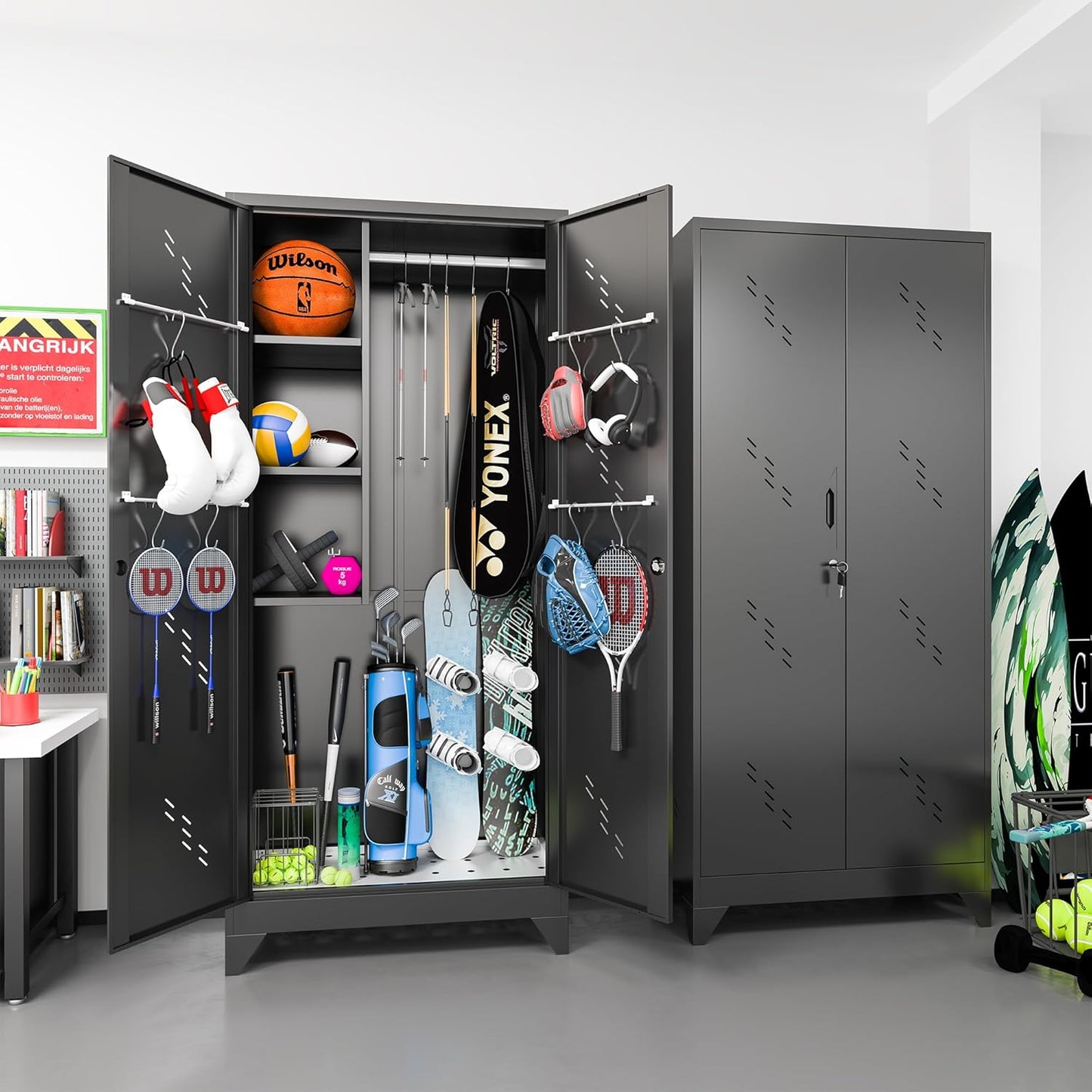 75" Metal Storage Cabinet, Tall Broom Cabinet, Garage Cabinets with Locking Doors, Black Outdoor Utility Broom Closet Storage Cabinets for Office, Bathroom, Warehouses