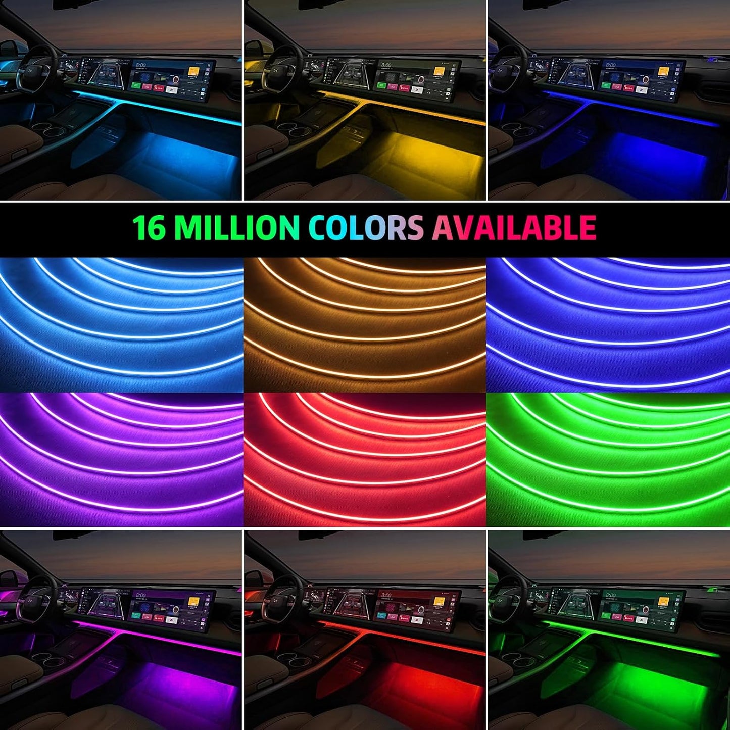 Interior Car LED Strip Lights, AMKI Acrylic LED Lights RGB 10 in 1 with Wireless APP Control Music Sync, Car Ambient Lighting Kits, Music Sync & DIY Function