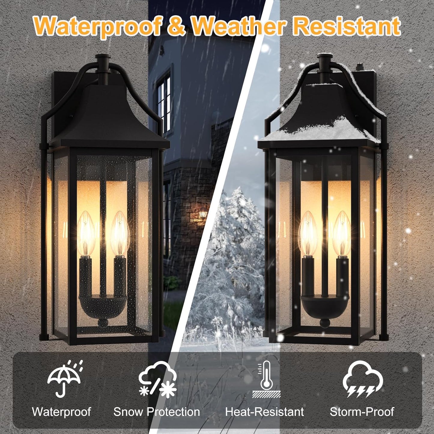 𝟏𝟖𝑰𝑵 Outdoor Wall Sconce Fixture, Dusk to Dawn Patio Lights Waterproof Exterior Lanterns, 2-Light Modern Wall Light Mounted with Glass, Black Outside Lights for House Front Door Entryway